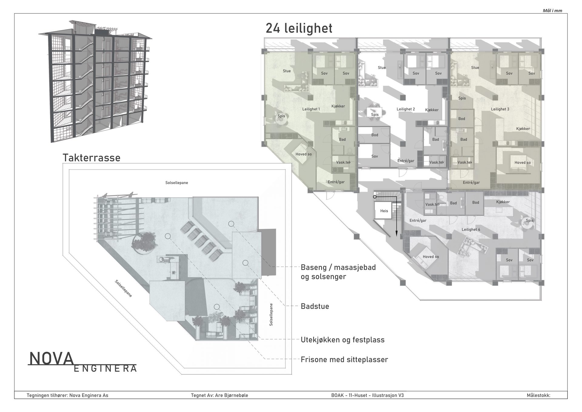 Plantegning og takterrasse, Elvehuset Odda